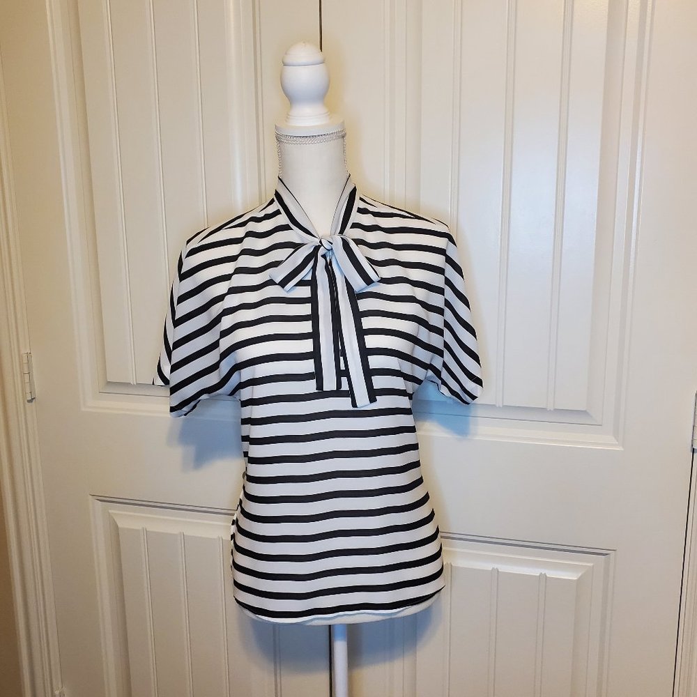 Express Black and White Stripe Tie Neck Blouse